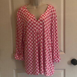 NWT Ruby Rd. Pink White Check Pullover Top Tunic Shirt 3/4 Sleeve Size XL